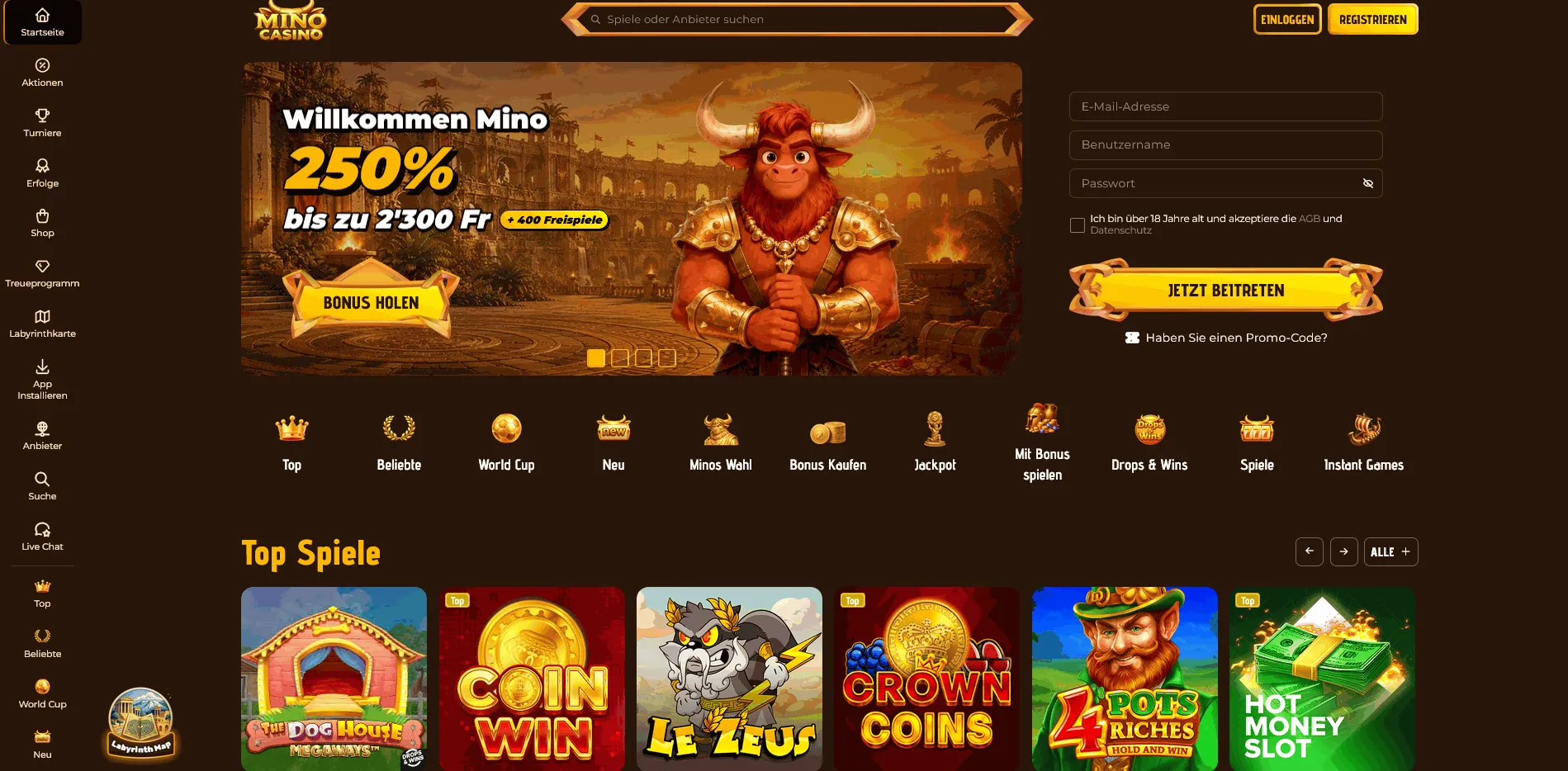 MinoCasino online casino homepage