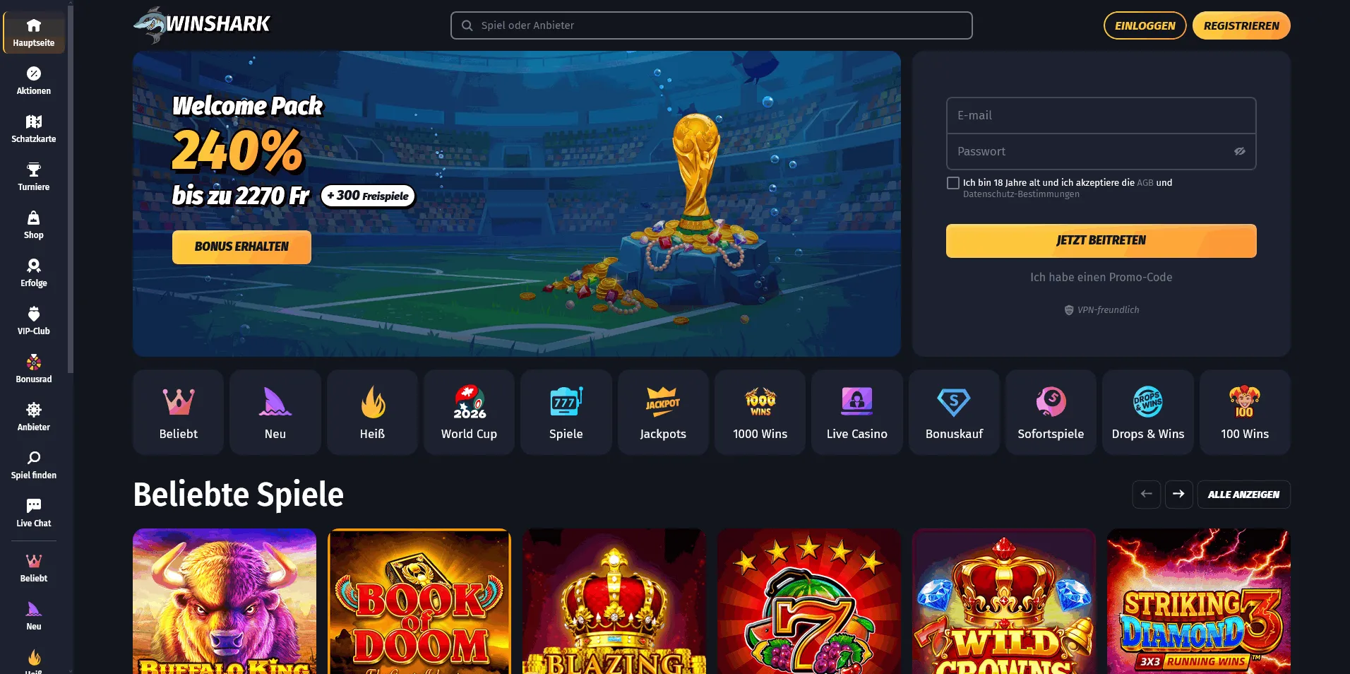Winshark online casino homepage